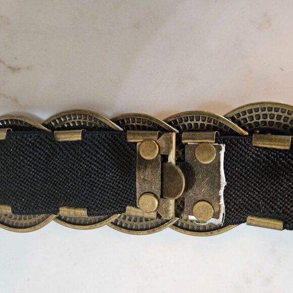 Vintage Brass Coin Stretch Belt Black Elastic Strap & Snap Closure 32 to 40" - Picture 9 of 9
